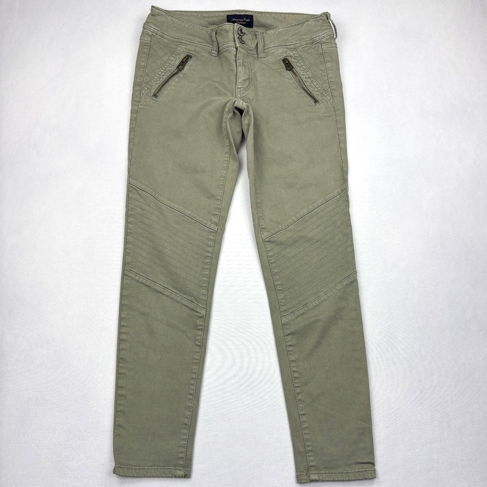 American Eagle Moto Pants Womens 4 Regular Olive Green Quilted Zip Biker Skinny